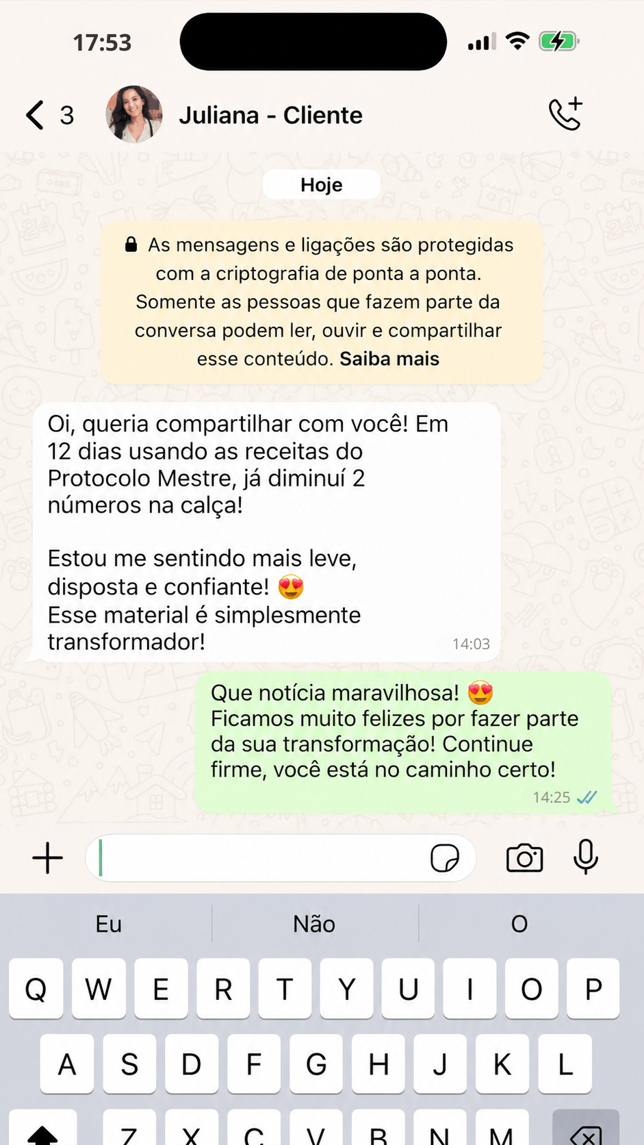 Depoimento da cliente Juliana no WhatsApp